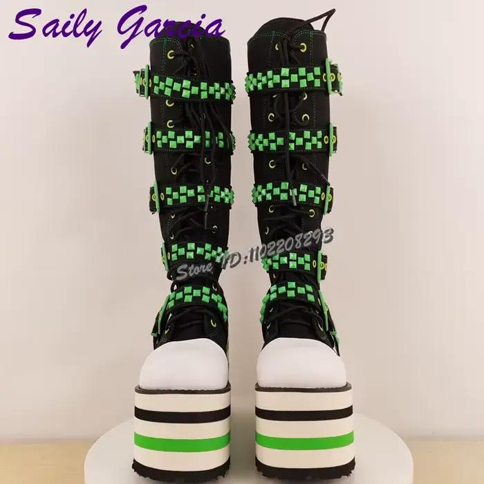 Bottes hautes à lacets avec bretelles à boucle verte, Punk, Patchwork, bout rond, plateforme, mode f