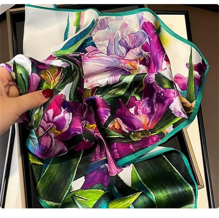 Foulard carré en soie véritable pour femmes, imprimé Floral, châle de luxe, Hijab, bandeau Bandana,