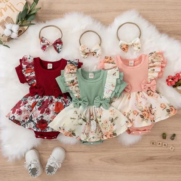 Robe d'été pour bébé fille, combinaison rayée avec nœud papillon, en coton, vêtements floraux pour n