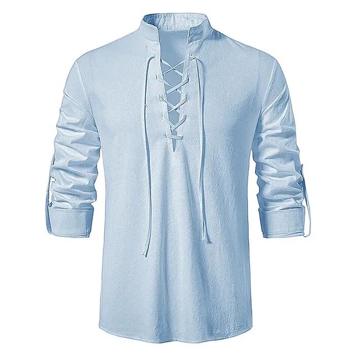 Nouveaux hommes blouse décontractée coton lin chemise hauts à manches longues t-shirt printemps auto