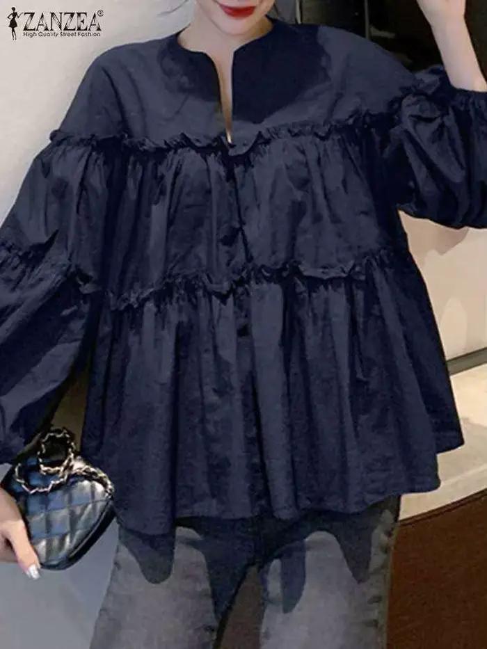 ZANZEA mode femmes à manches longues bouffantes Blouse automne printemps Eelgant chemise volants Blu