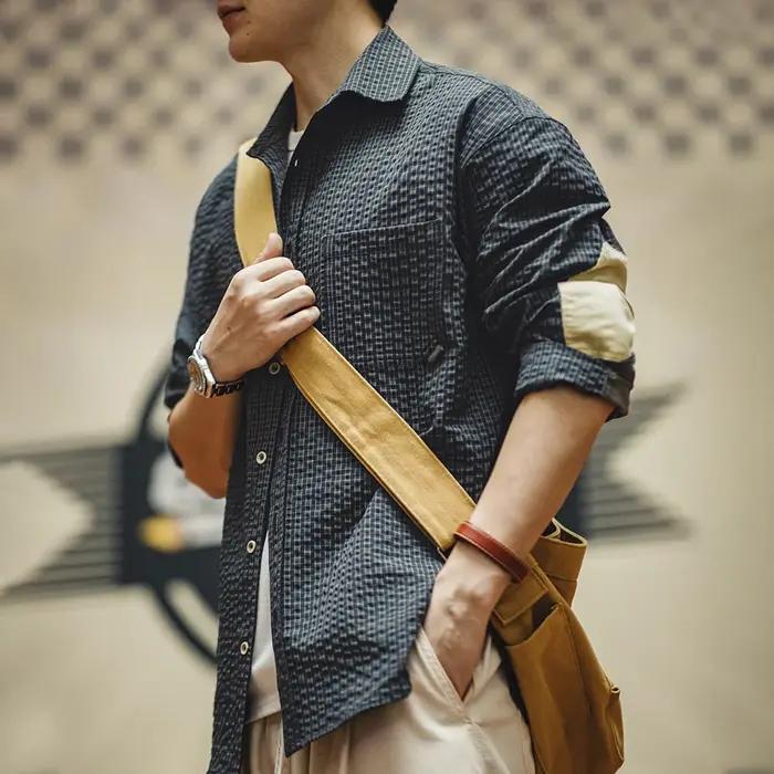 Maden-Chemise à carreaux rétro Seersucker pour homme, manches longues, revers texturé, épissage, con