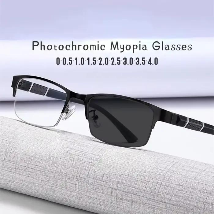 Lunettes de myopie photochromiques vintage pour hommes, demi-monture en métal, lunettes bloquant la