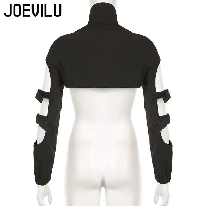 JOEVILU Femmes Cyberpunk Goth Harajuku Récolte Hauts Manches Longues Évider Fermeture Éclair T-shirt