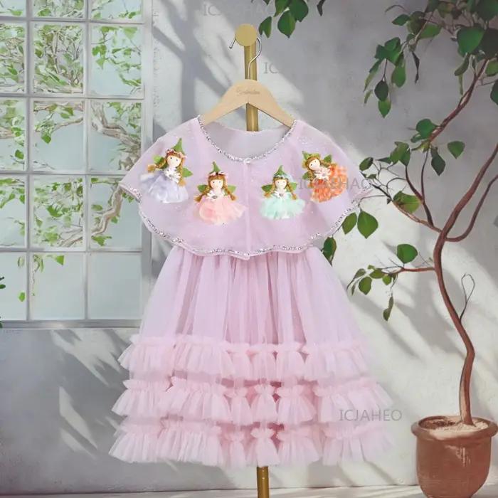 Robes et ensembles pour enfants, robe de princesse rose faite à la main avec fleurs 3D, robes d'anni