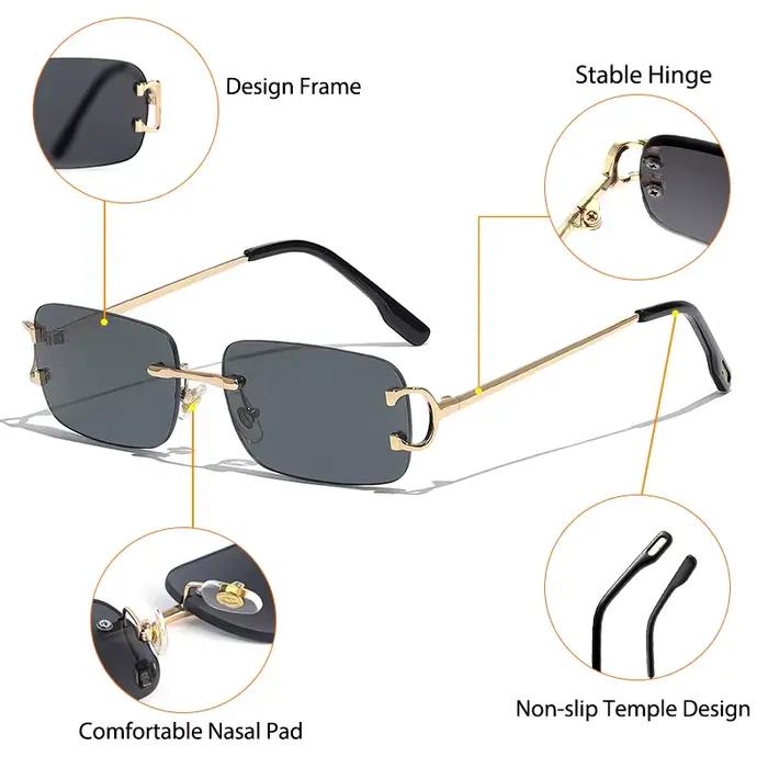 CATERSIDE bleu rectangulaire lunettes de soleil hommes sans monture en métal mode carré lunettes de