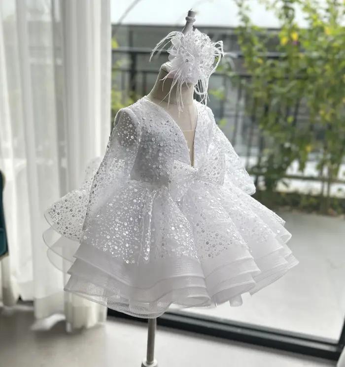 Robe à paillettes pour filles, élégante et unique, à fleurs, robe de soirée de mariage pour enfants,