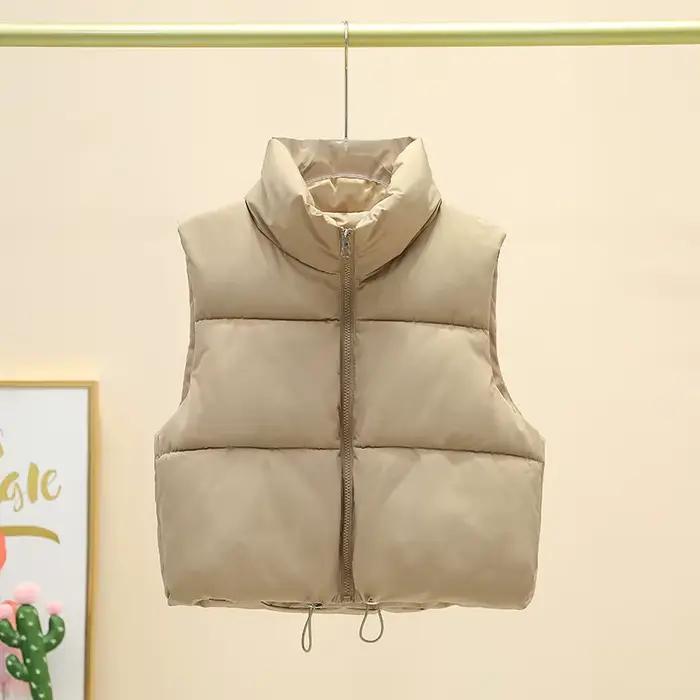 Gilet court sans manches pour femme, veste chaude à col montant avec fermeture éclair, manteaux cour
