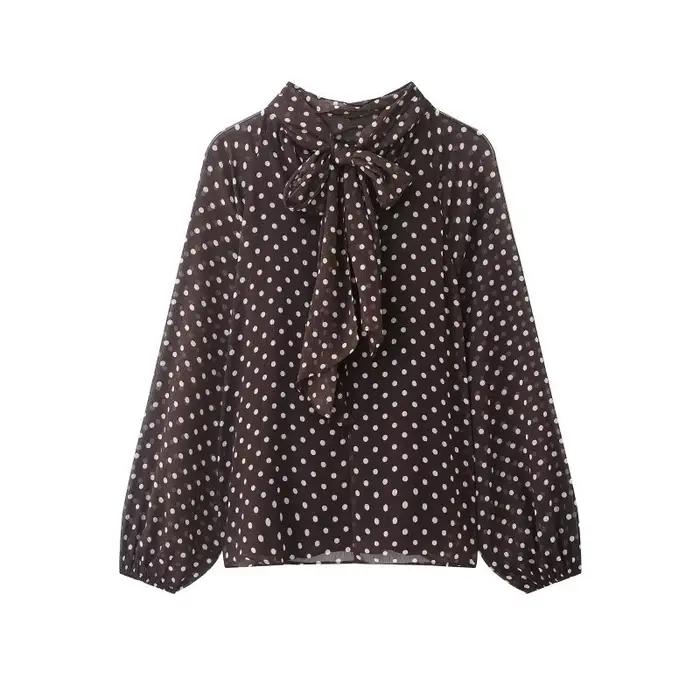 Chemisier élégant à pois pour femme, chemise en mousseline à col superposé et manches lanternes avec