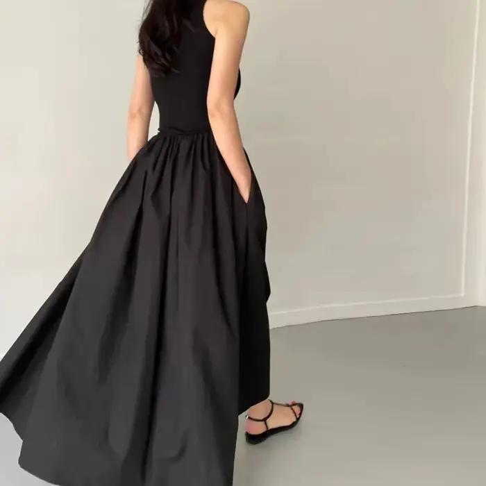 Robe longue noire Simple et élégante pour femmes, col rond, sans manches, taille haute, tempérament,