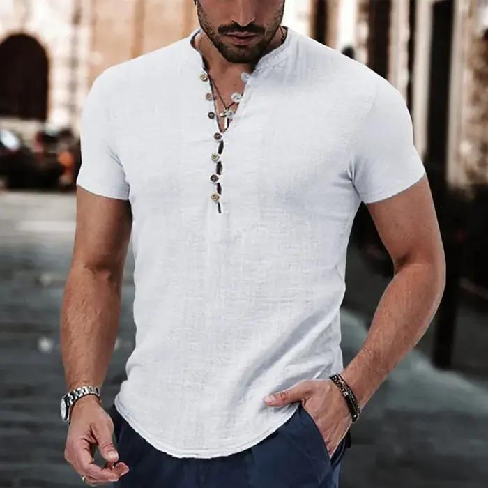 T-shirt à manches courtes pour hommes, chemise boutonnée en coton et lin, vêtements décontractés pou