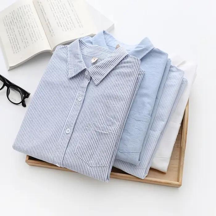 Chemise Oxford décontractée en coton pour femmes, chemisier rayé pour dames, chemises monochromes, b
