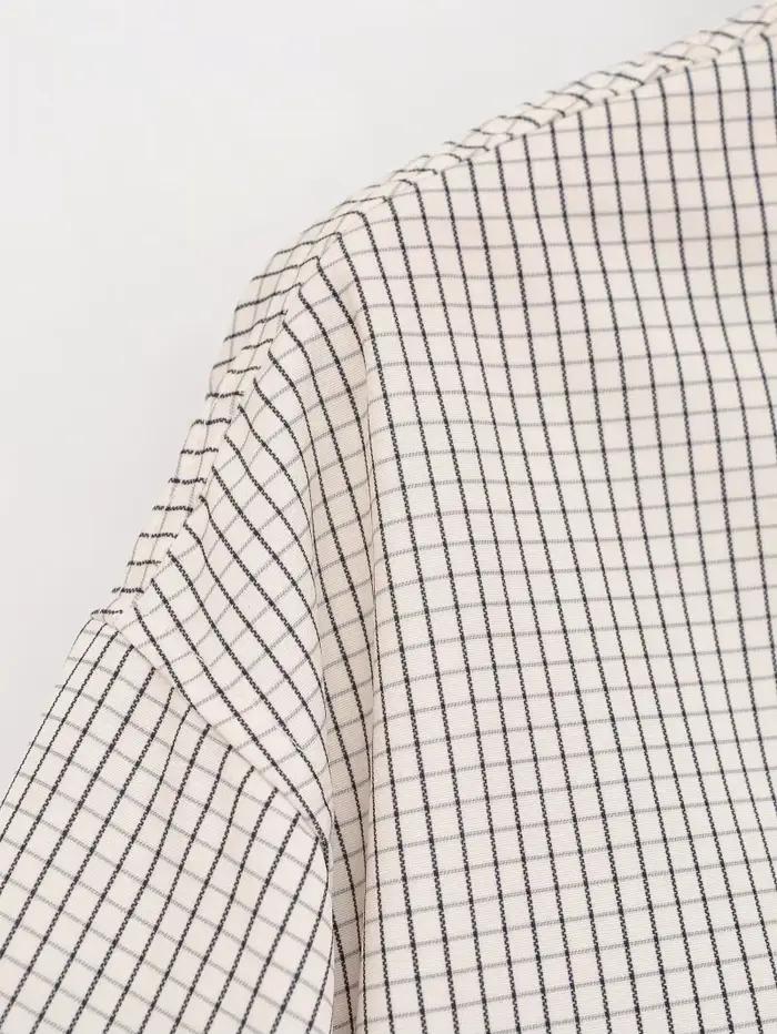 Veste Courte à Carreaux pour Femme ETJ, Col Montant, Manches Bouffantes, Coupe Oversize avec Ourlet