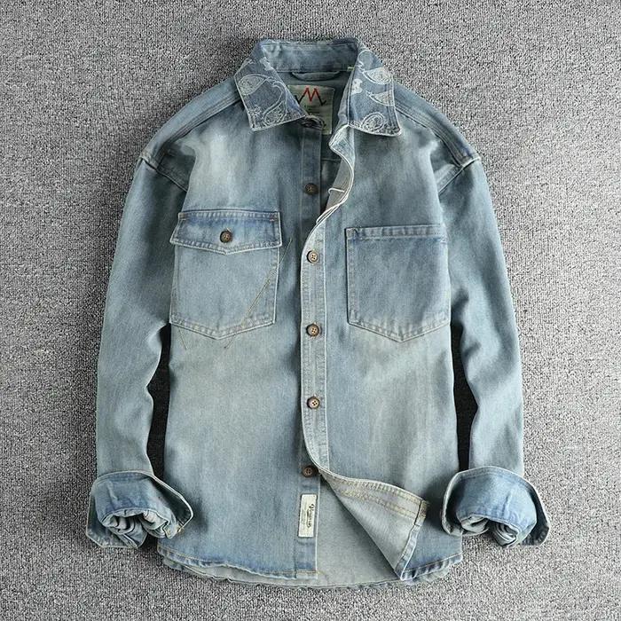 Manteau en denim rétro américain à manches longues pour hommes, revers, pur coton, lavé, vieux, mult
