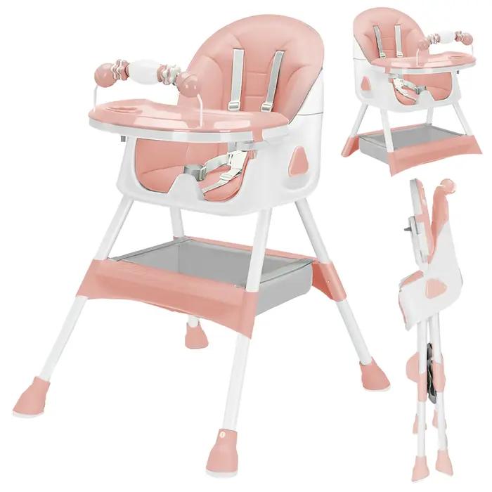 Chaise haute bébé 3 en 1 pliable et réglable - Plateau amovible et ceinture sécurité - Repose-pieds et roues