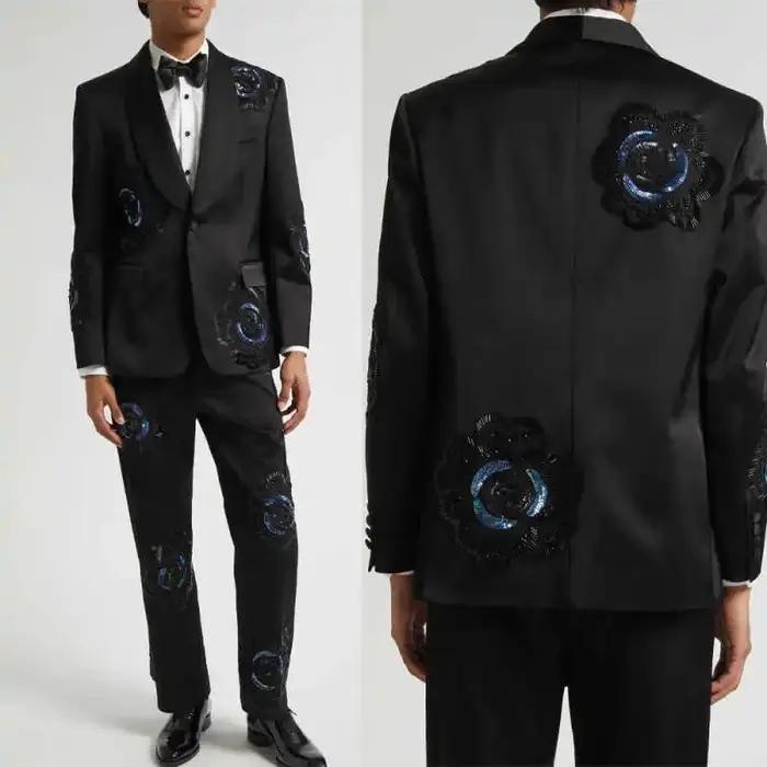 Costume de Mariage Tendance pour Marié, Smoking à Revers Châle Perlé, Simple Boutonnage, 2 Pièces (V