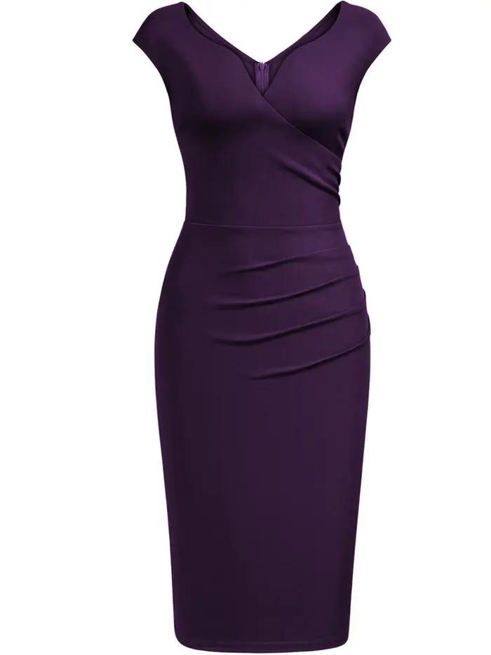 Robe fourreau élégante pour femme, à manches courtes, col en V, froncée, longueur genou, pour cockta