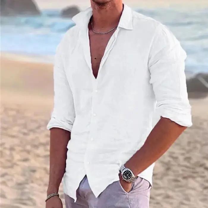 Chemise de plage en coton et lin pour hommes, décontractée, col Polo, manches longues, couleur unie,