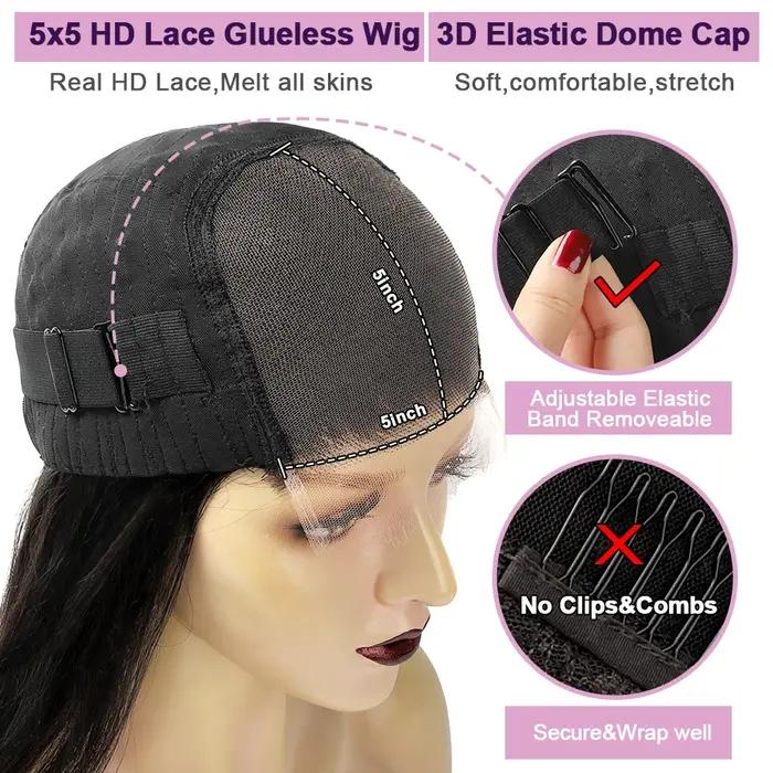 Wow Angel 5x5 Wear Go HD Lace Closure Glueless Wigs 28in Perruque droite malaisienne Perruques humai