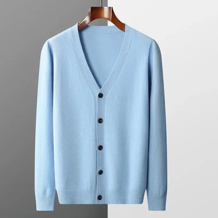 Pull en laine pure pour hommes, cardigan basique, manteau à col en V, veste décontractée, haut de do