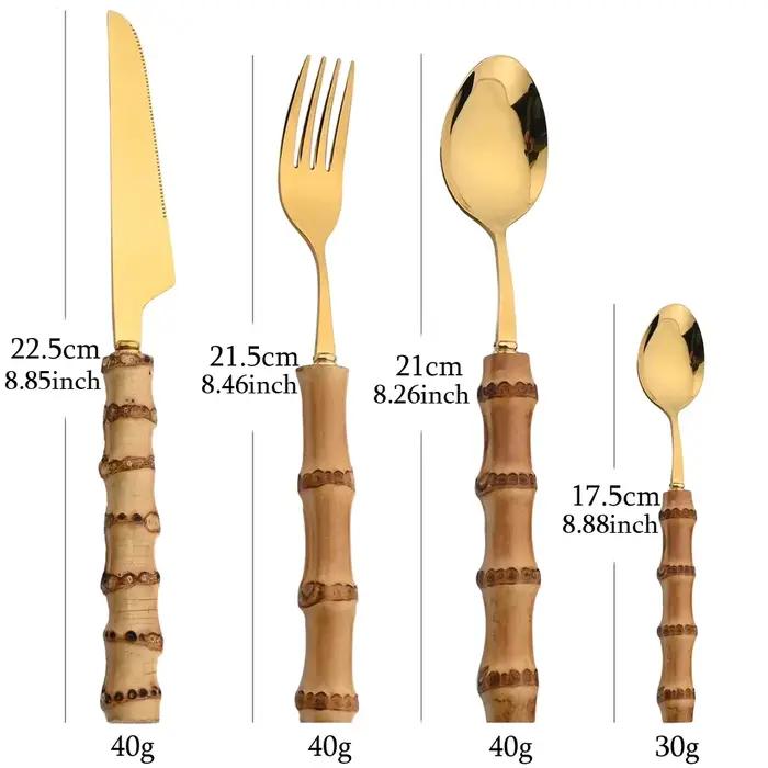 24 pièces ensembles de vaisselle en bambou ensemble de couverts en bambou en acier inoxydable poigné