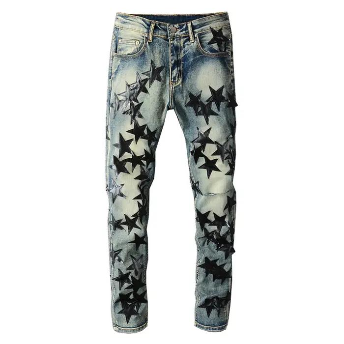 Jean Stretch déchiré en cuir pour hommes, pantalon crayon Slim, Patchwork, Denim, trous