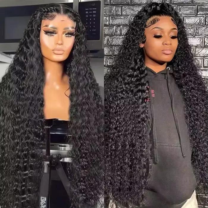 Perruque Deep Wave Brésilienne Remy Naturelle Cheveux Bouclés, 13x4, Transparent HD, Pre-Plucked, po