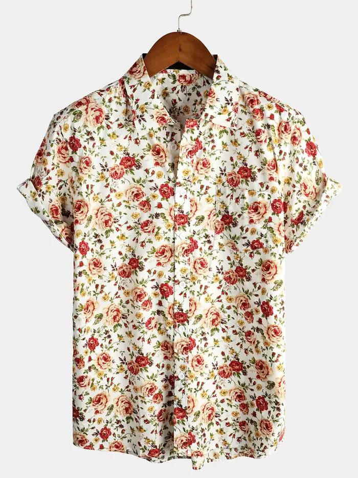 Hommes rayé décontracté vacances à manches courtes Orange été chemise boutonnée chemise hawaïenne ét