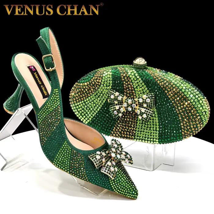 Venus Chan – chaussures et sacs à talons hauts pour femmes, couleur verte, bout pointu, strass, soir