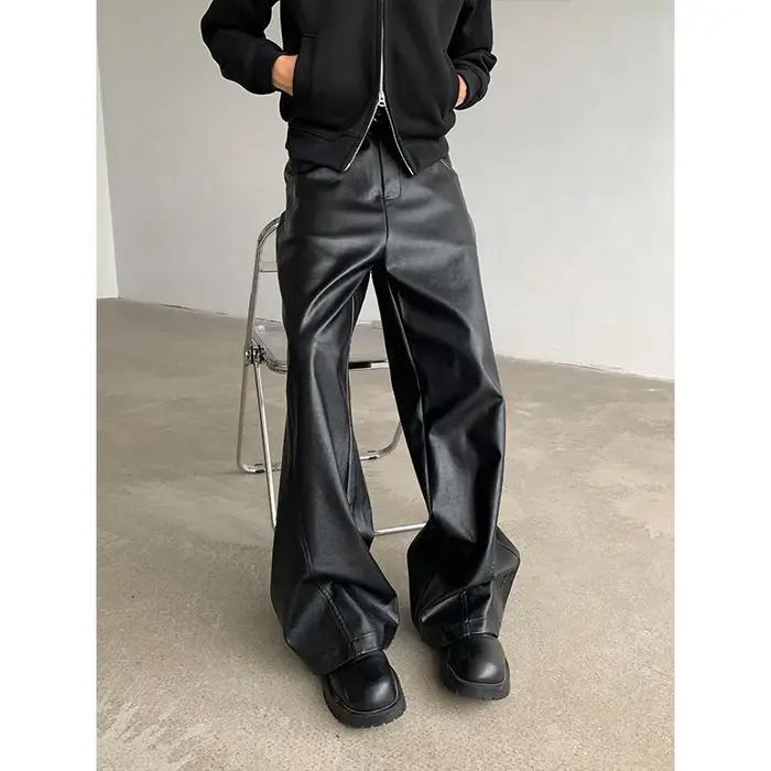 Pantalons en cuir PU pour hommes, Punk américain, mode Hip Hip, jambes larges, coupe-vent, marron fo