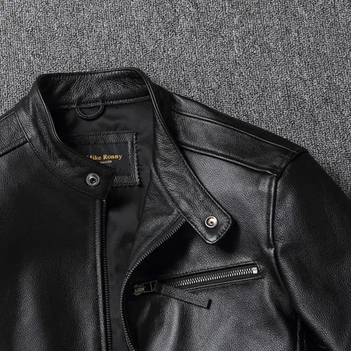 Veste en cuir de vachette de haute qualité, manteau à col montant, couche supérieure, mince, décontr