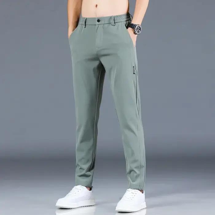 Pantalon fin en soie glacée pour hommes, extensible, décontracté, taille élastique, lisse, vêtements