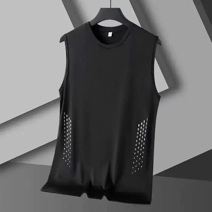 Débardeur d'été en maille pour homme, sans manches, imprimé, col rond, en soie glacée, pour le baske