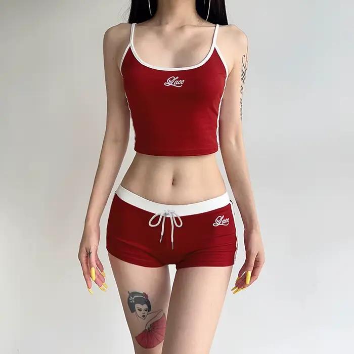 Y2K – ensemble de tenues d'été pour femmes, lettres brodées, couleur contrastée, Sexy, Slim, dos nu,