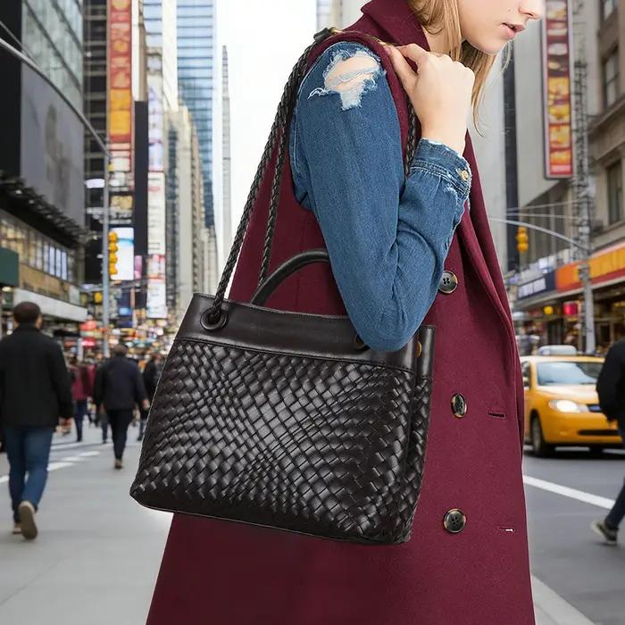 Sac fourre-tout tissé pour femmes, sac à main à bandoulière en cuir végétalien, sacs à main à poigné