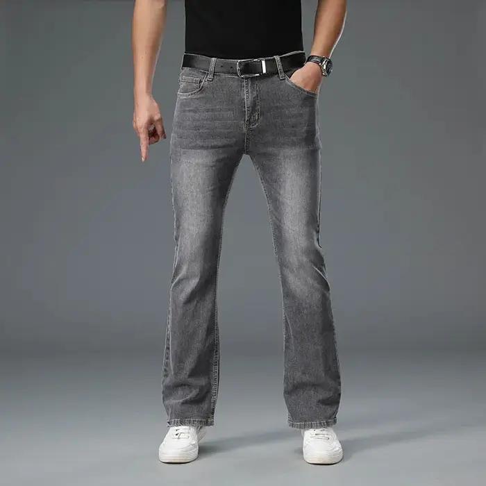 Jeans évasés en denim pour hommes, jeans stretch taille mi-haute pour hommes, jeans gris