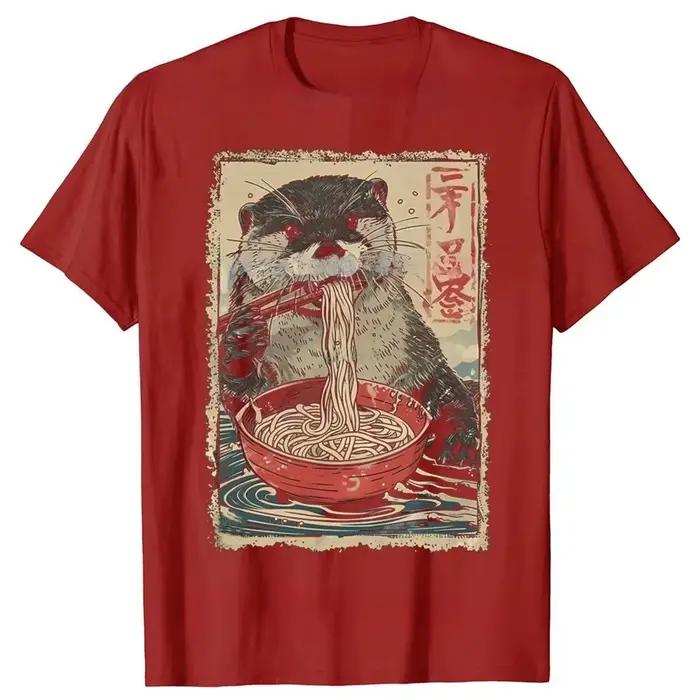 T-shirts graphiques drôles lontra mangeant Ramen pour femmes, t-shirt décontracté à la mode, vêtemen
