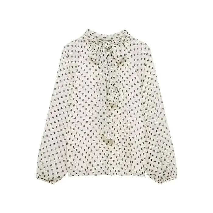 Chemisier élégant à pois pour femme, chemise en mousseline à col superposé et manches lanternes avec