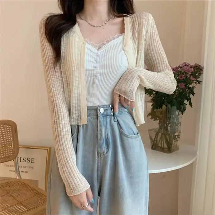 Cardigan à manches longues pour femmes, T-shirt à col en V, T-shirt mince, Superposition simple, Déc