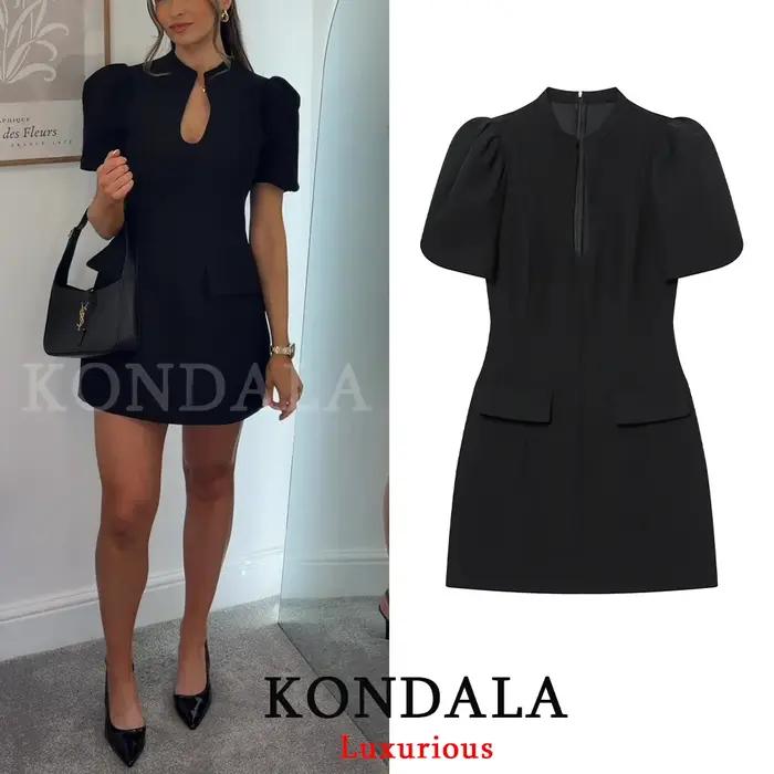 KONDALA Robe Courte Chic et Élégante pour Femme, Noire, Col Rond, Fermeture Éclair, Manches Courtes