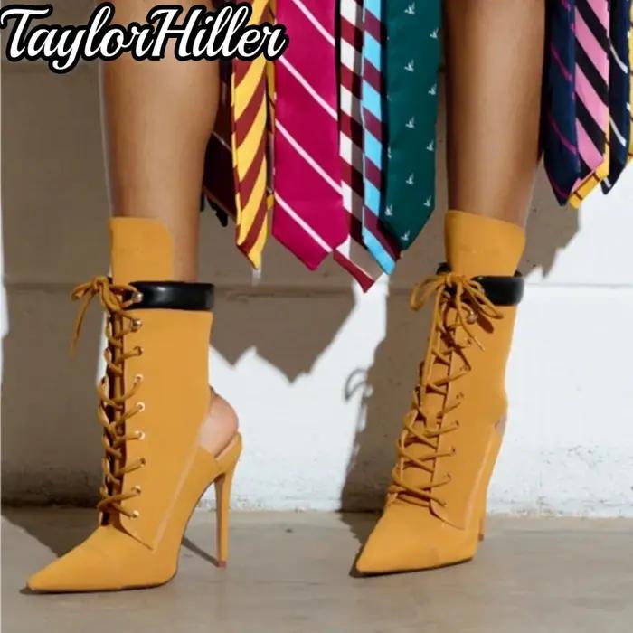 Gladiateur talons Patchwork avant à lacets bottes bout pointu chaussons aiguilles femmes luxe chauss