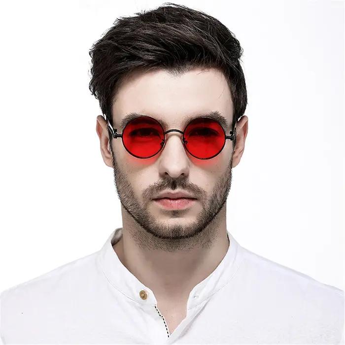 VIVIBEE Lunettes de soleil vintage steampunk rouges pour hommes, lunettes rondes punk en alliage mét