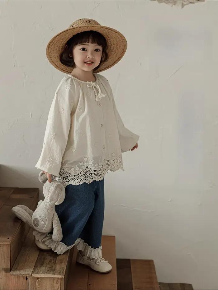 Ensemble de vêtements pour filles printemps 2026 : chemise en coton respirant à manches longues moti