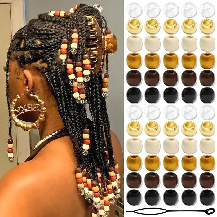 60 pièces de perles de cheveux transparentes + perles de dreadlock en bois avec ensemble d'outils de