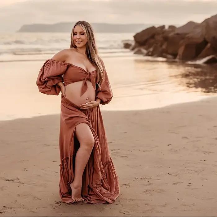 Robe de maternité élégante, robe de grossesse en mousseline de soie brodée en dentelle pour séance p