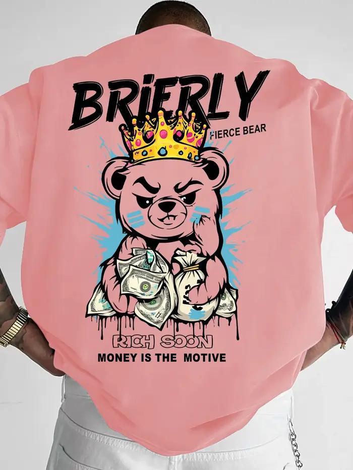 T-shirt col rond pour hommes, confortable et respirant, à la mode, ours en peluche, lettre de riches