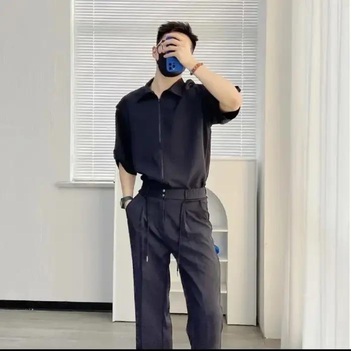 Fermetures éclair chemises pantalons costumes pour hommes plaine respirant vêtements d'été nouveau c