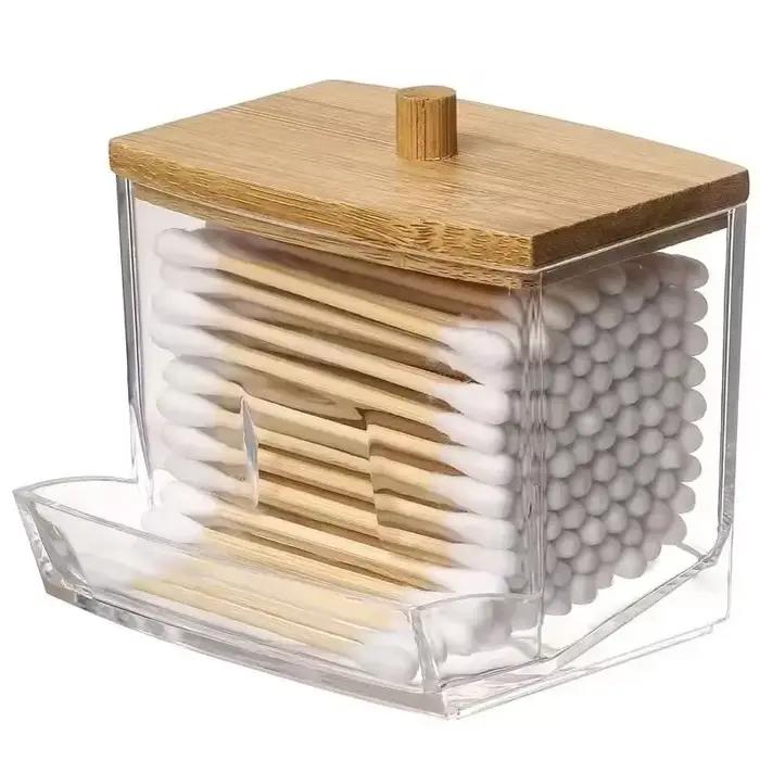 Boîte rangement coton-tige bambou transparente - Organisation salle de bain écologique - Conteneur cure-dents