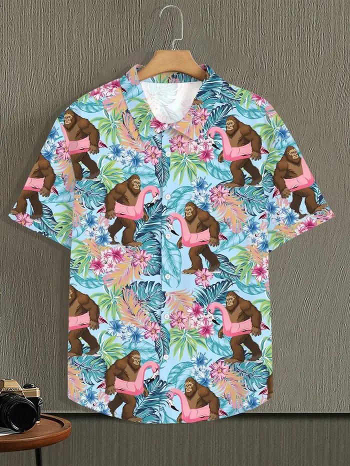 Chemise à manches courtes imprimée Allover pour hommes, col rabattu, fermeture à bouton complet sur