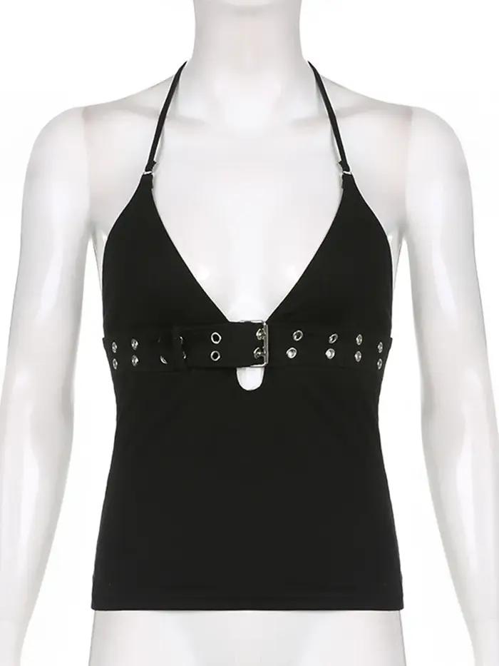 Y2k – haut court à bandes noir, dos nu, à lacets, mignon, fête, plage, été, sweat-shirt pour femmes,